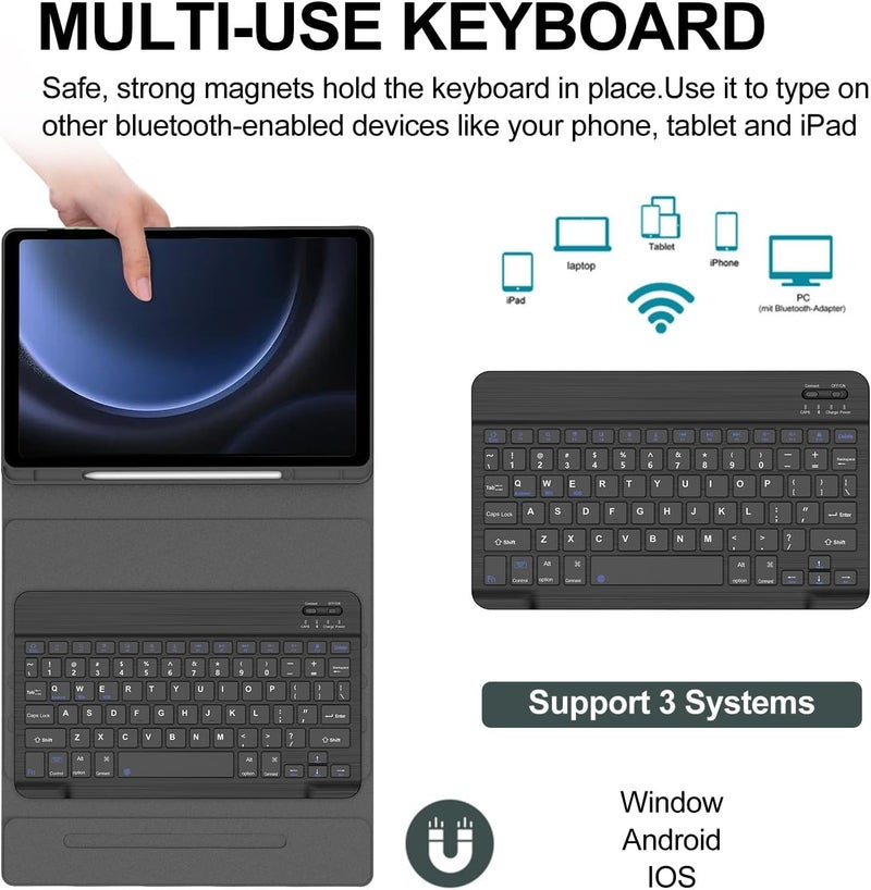 typecase Keyboard Case for Samsung Galaxy Tab S10 Lite / S10 FE / S9 / S9 FE (11/10.9 Inch only) with S Pen Holder, Pen Holder, Multi Viewing Angle, Slim Detachable Bluetooth Keyboard Cover (Black) - Image 5