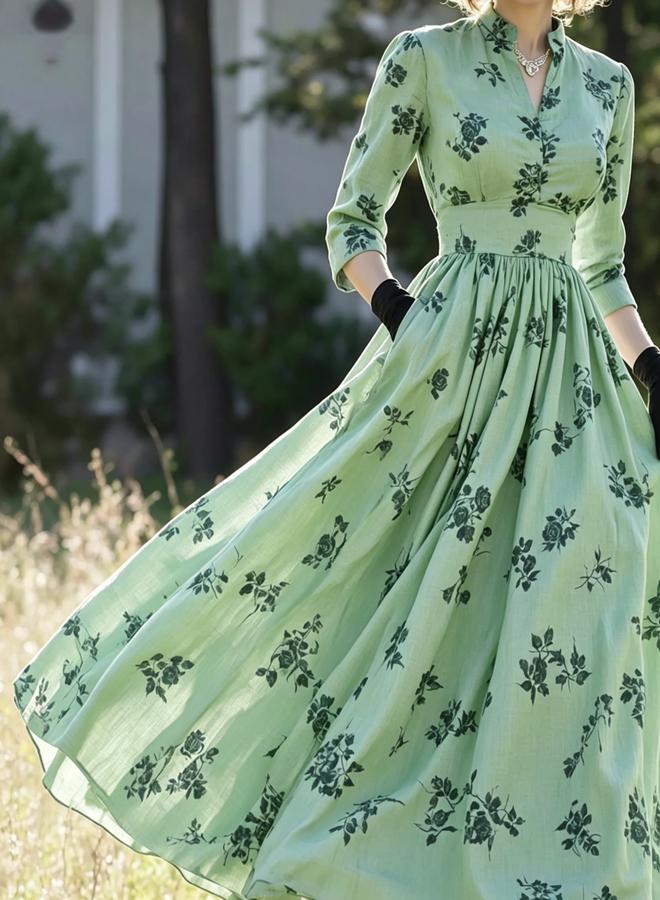 Take Two Mint Green Floral A-Line Maxi Dress With 3/4 Sleeves - Image 1