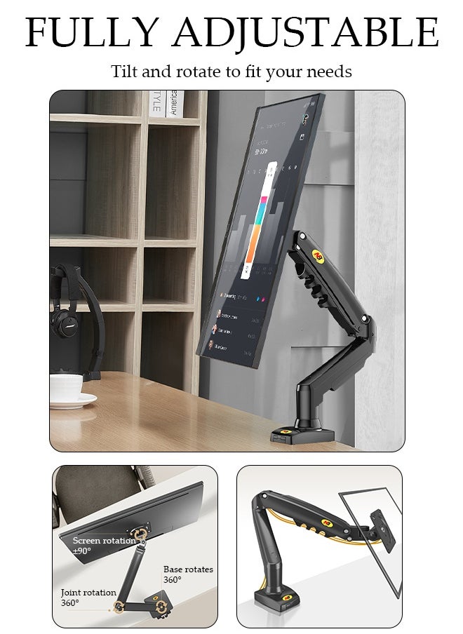 DUNISO Single Monitor stand Desk Mount, Gas Spring Monitor stand, Full Motion Articulating Height Adjustable, Fits 17 - 30 Inch Computer Screen, Clamp and Grommet Base  - Image 5