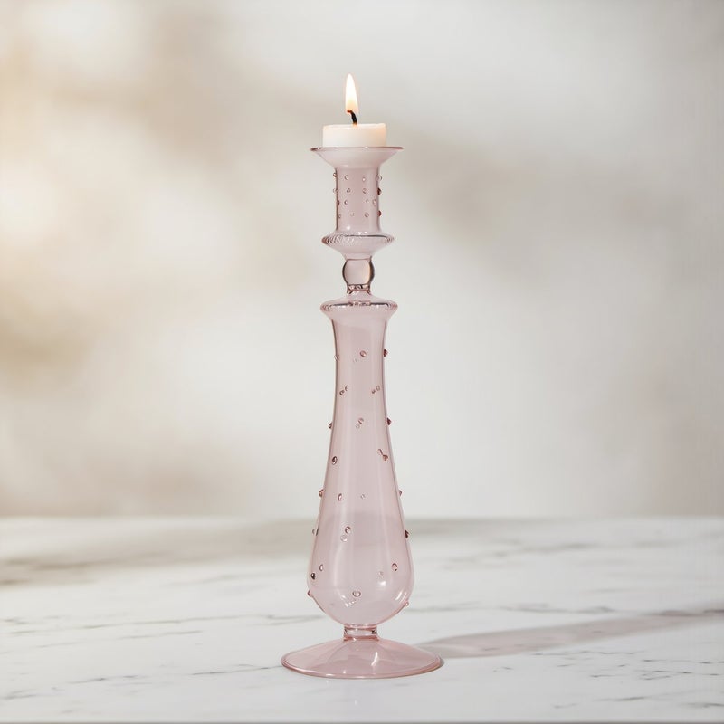 Glass Candlestick Holder Pink Dotted 9x30cm Retro European Home Table Decor - Image 1