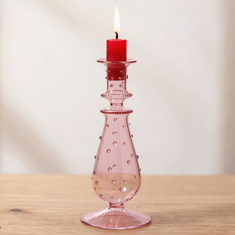 Glass Candlestick Holder Pink Dotted 9x30cm Retro European Home Table Decor - Image 4