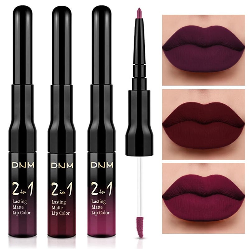 DNM 3Pcs Dark Red Purple Plum Matte Liquid Lipstick and Lip Liner Set for Women Matte Burgundy Lip Tint Stain Long Lasting Waterproof, Black Cherry Blood Red Mauve Brown Gothic Goth Lipsticks Makeup - Image 1