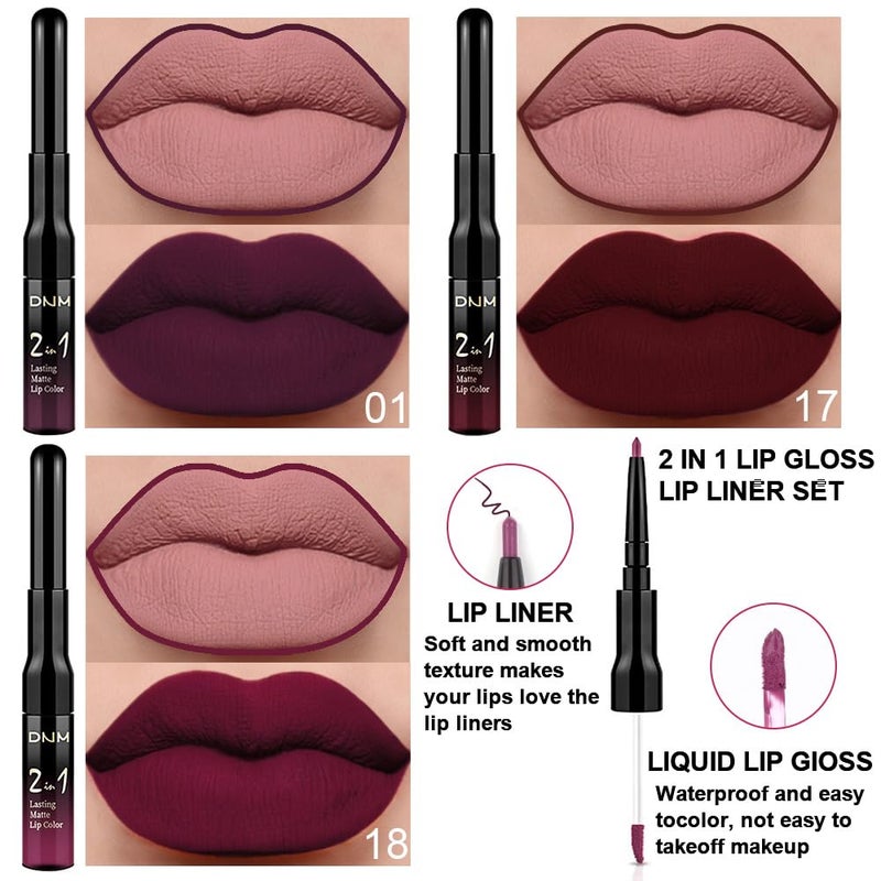 DNM 3Pcs Dark Red Purple Plum Matte Liquid Lipstick and Lip Liner Set for Women Matte Burgundy Lip Tint Stain Long Lasting Waterproof, Black Cherry Blood Red Mauve Brown Gothic Goth Lipsticks Makeup - Image 2