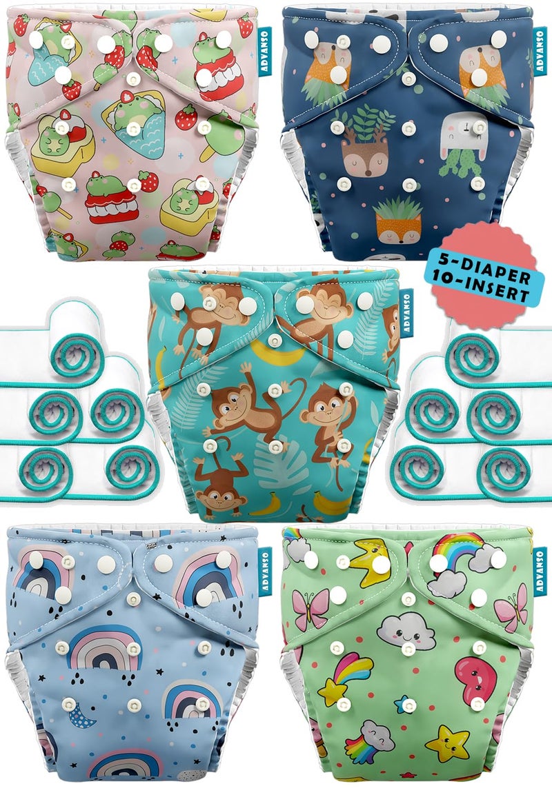 Advanso Leakage Proof cloth diapers for babies, high absorbent 5 reusable diaper 10 insert pad combo pack washable cloth diaper free size 5-18kg adjustable pocket cover 85 - Image 1