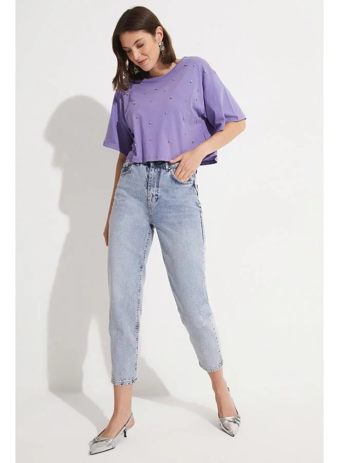 جون June Stone Detailed 100% Cotton Crop T-Shirt Purple