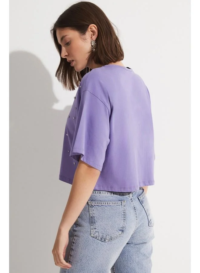 جون June Stone Detailed 100% Cotton Crop T-Shirt Purple