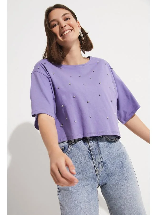 جون June Stone Detailed 100% Cotton Crop T-Shirt Purple