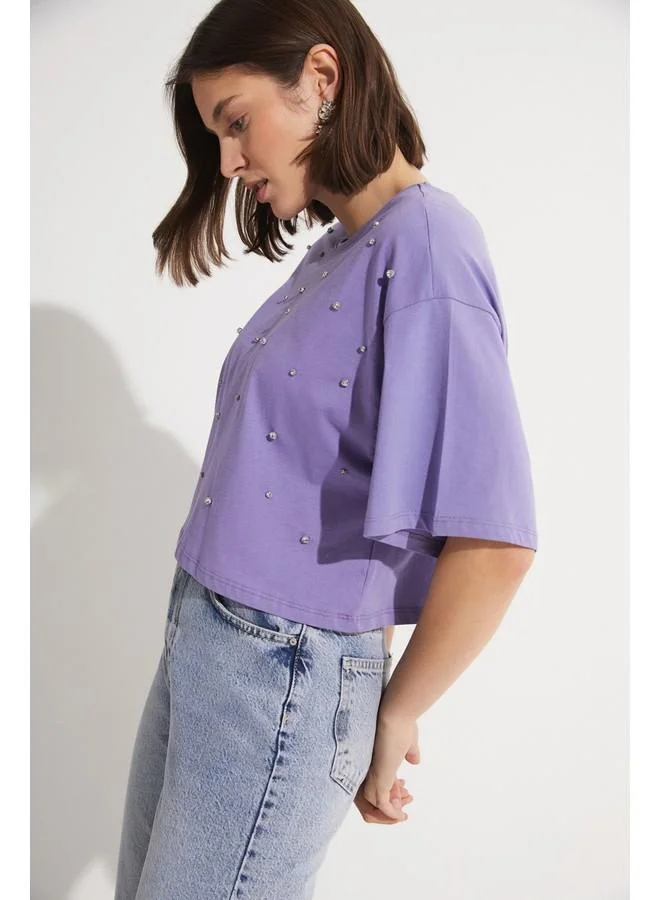 جون June Stone Detailed 100% Cotton Crop T-Shirt Purple