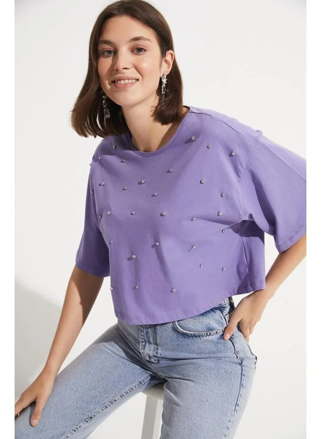 جون June Stone Detailed 100% Cotton Crop T-Shirt Purple