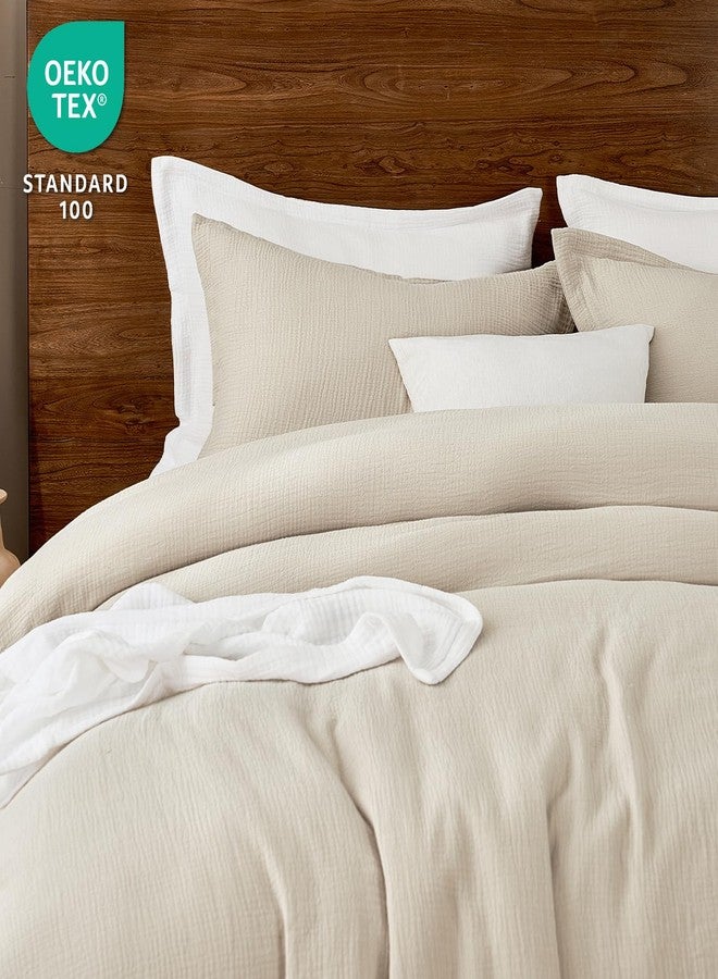 PHF Cotton Muslin Comforter Set Queen Size, Ultra Soft, Breathable & Lightweight All-Season Bedding, Filling: 100% Polyester, 3 Pieces with 1 Comforter 90"x90" and 2 Pillow Shams 20"x26", Natural - Image 4