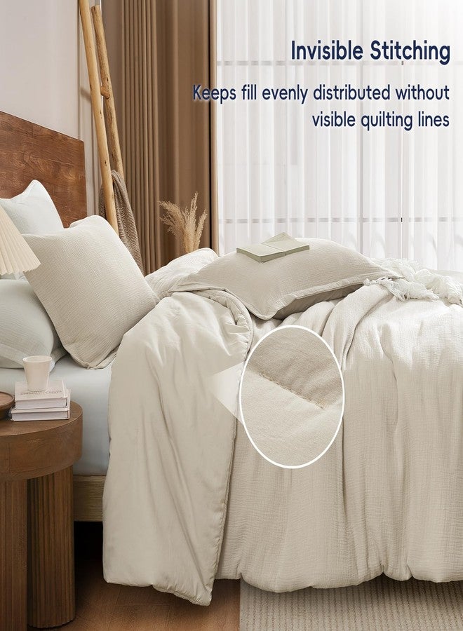 PHF Cotton Muslin Comforter Set Queen Size, Ultra Soft, Breathable & Lightweight All-Season Bedding, Filling: 100% Polyester, 3 Pieces with 1 Comforter 90"x90" and 2 Pillow Shams 20"x26", Natural - Image 5