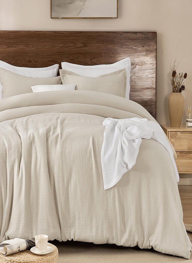 PHF Cotton Muslin Comforter Set Queen Size, Ultra Soft, Breathable & Lightweight All-Season Bedding, Filling: 100% Polyester, 3 Pieces with 1 Comforter 90"x90" and 2 Pillow Shams 20"x26", Natural - Image 1