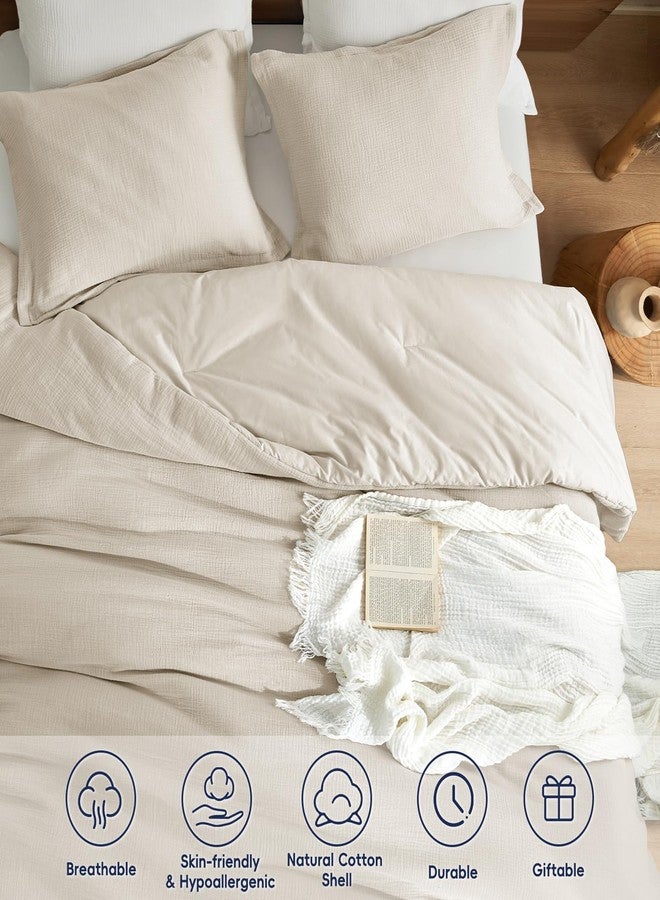 PHF Cotton Muslin Comforter Set Queen Size, Ultra Soft, Breathable & Lightweight All-Season Bedding, Filling: 100% Polyester, 3 Pieces with 1 Comforter 90"x90" and 2 Pillow Shams 20"x26", Natural - Image 2