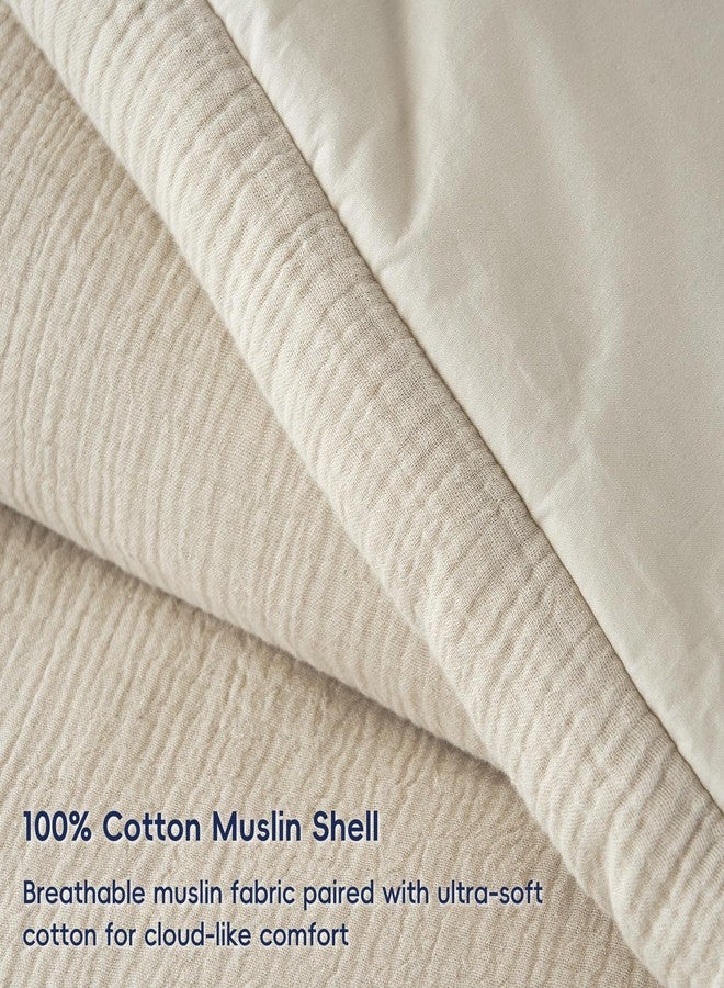 PHF Cotton Muslin Comforter Set Queen Size, Ultra Soft, Breathable & Lightweight All-Season Bedding, Filling: 100% Polyester, 3 Pieces with 1 Comforter 90"x90" and 2 Pillow Shams 20"x26", Natural - Image 3