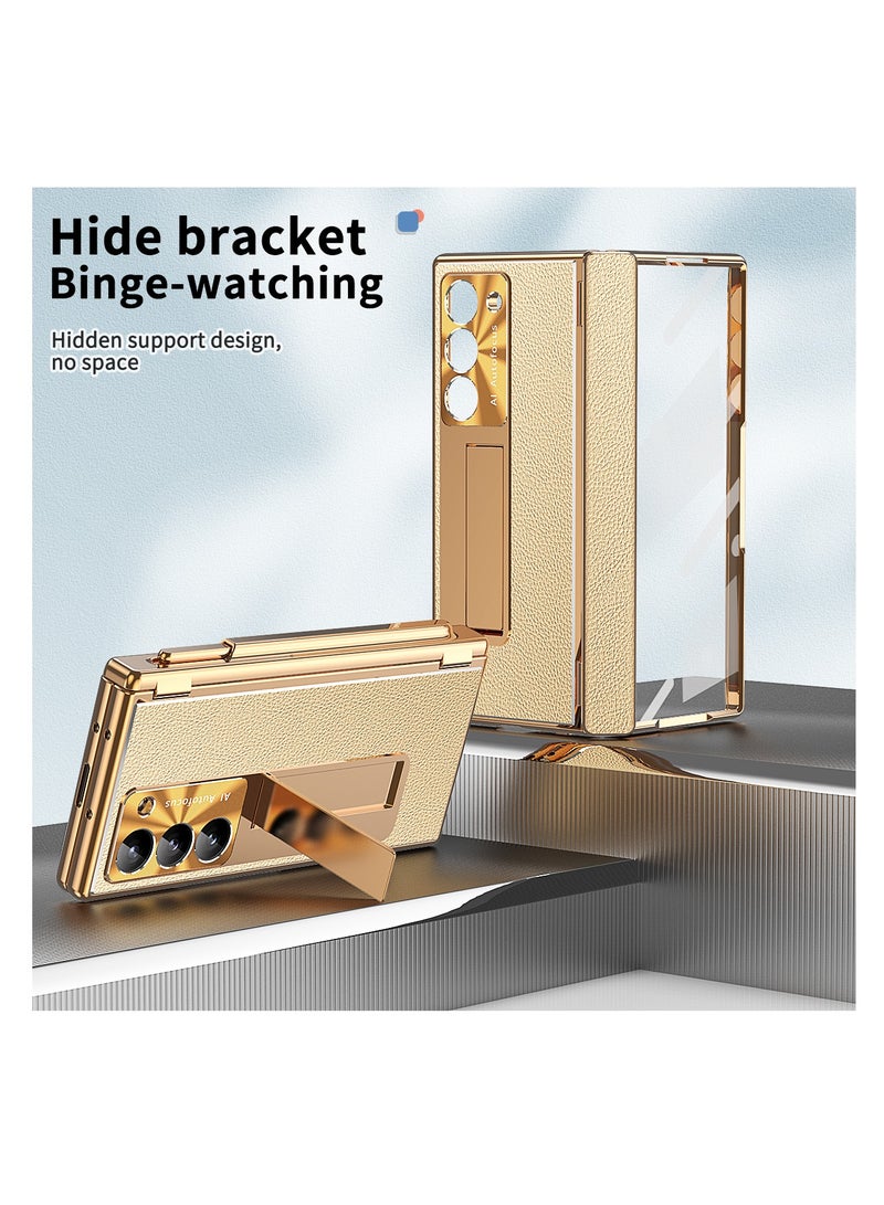 Aookay Case for Samsung Galaxy Z Fold 6 with Pen, Leather + Electroplating, Two Kinds of Hinges, with Stand, Pen Tray, Rear Camera Screen Protector, Anti-Drop Case [Not Original Pen] (Electroplated Gold) - Image 5