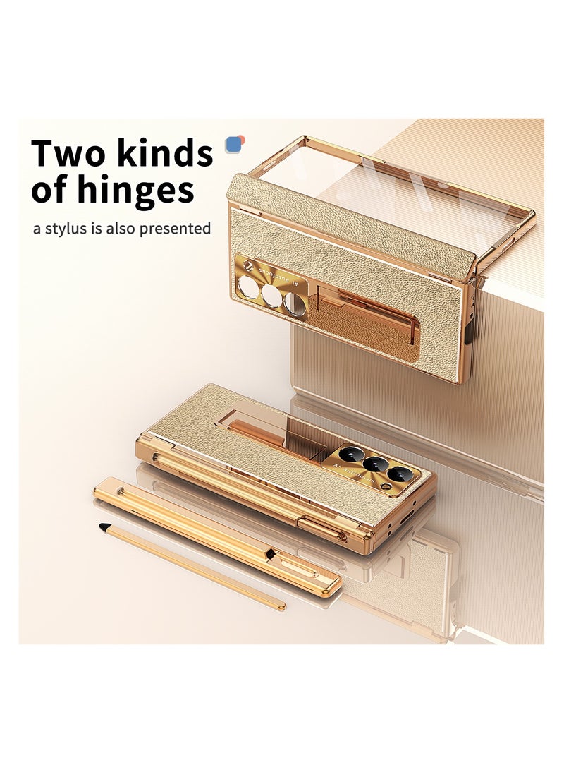 Aookay Case for Samsung Galaxy Z Fold 6 with Pen, Leather + Electroplating, Two Kinds of Hinges, with Stand, Pen Tray, Rear Camera Screen Protector, Anti-Drop Case [Not Original Pen] (Electroplated Gold) - Image 4