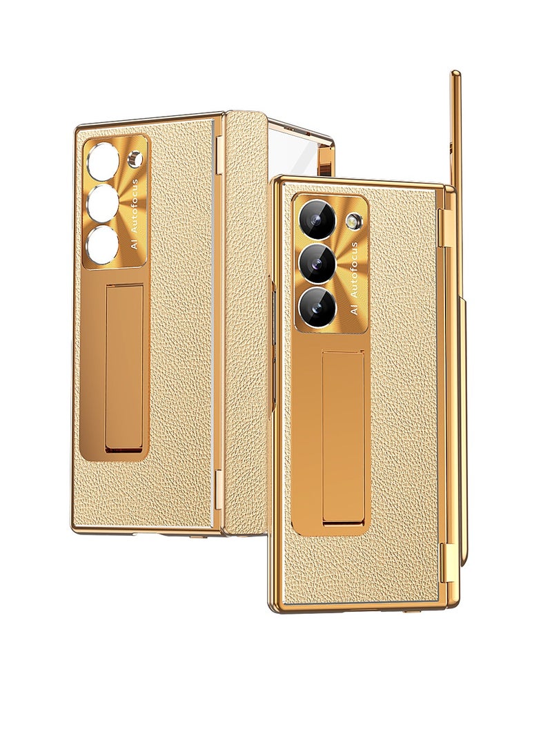 Aookay Case for Samsung Galaxy Z Fold 6 with Pen, Leather + Electroplating, Two Kinds of Hinges, with Stand, Pen Tray, Rear Camera Screen Protector, Anti-Drop Case [Not Original Pen] (Electroplated Gold) - Image 1