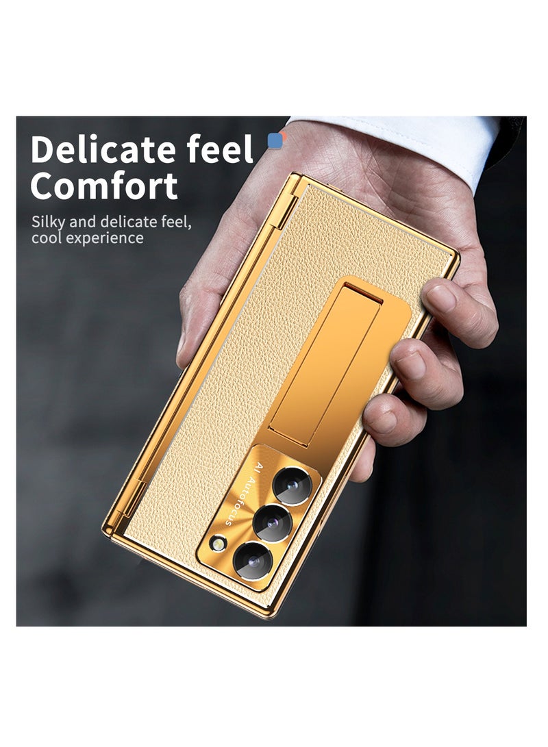 Aookay Case for Samsung Galaxy Z Fold 6 with Pen, Leather + Electroplating, Two Kinds of Hinges, with Stand, Pen Tray, Rear Camera Screen Protector, Anti-Drop Case [Not Original Pen] (Electroplated Gold) - Image 3