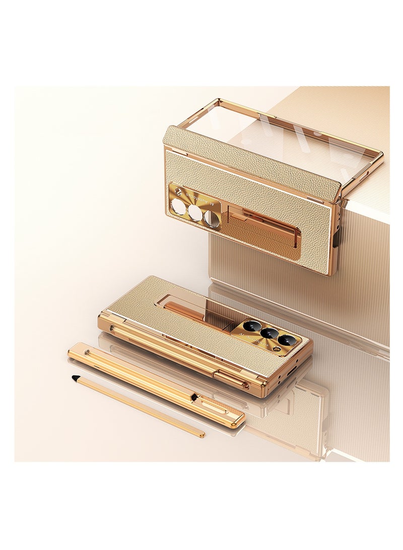 Aookay Case for Samsung Galaxy Z Fold 6 with Pen, Leather + Electroplating, Two Kinds of Hinges, with Stand, Pen Tray, Rear Camera Screen Protector, Anti-Drop Case [Not Original Pen] (Electroplated Gold) - Image 2