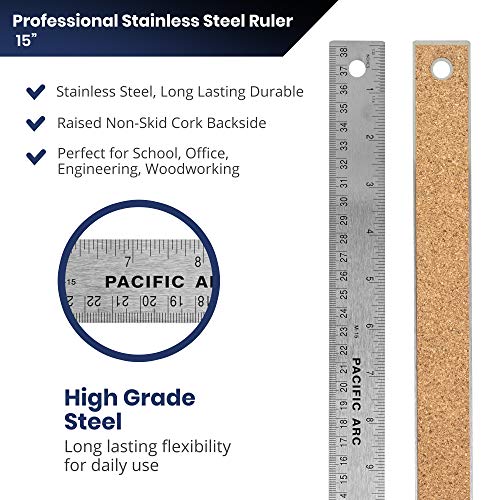 Pacific Arc Stainless Steel 15 Inch Metal Ruler Non-Slip Cork Back, with Inch and Metric Graduations - Image 2