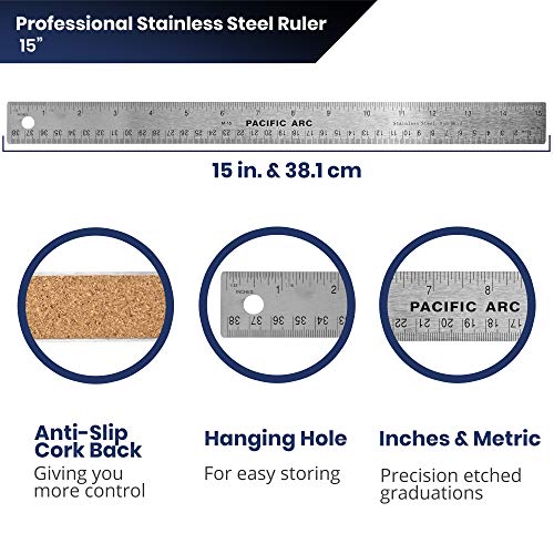 Pacific Arc Stainless Steel 15 Inch Metal Ruler Non-Slip Cork Back, with Inch and Metric Graduations - Image 3