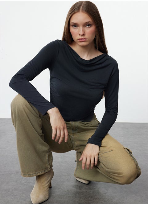 Anthracite Modal Fabric Lace Collar Draped Padded Asymmetrical Knitted Blouse TWOAW25BZ00031
