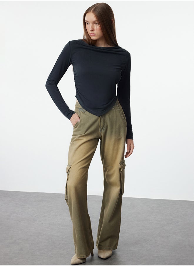 Anthracite Modal Fabric Lace Collar Draped Padded Asymmetrical Knitted Blouse TWOAW25BZ00031