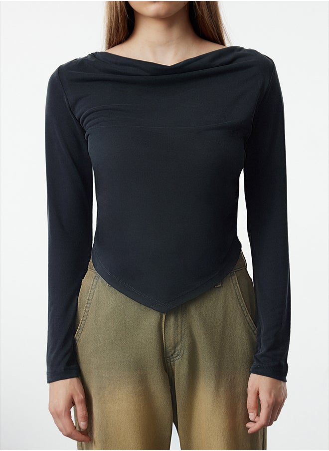 Anthracite Modal Fabric Lace Collar Draped Padded Asymmetrical Knitted Blouse TWOAW25BZ00031