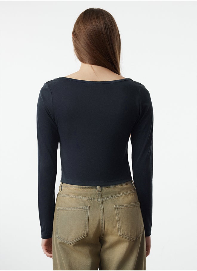 Anthracite Modal Fabric Lace Collar Draped Padded Asymmetrical Knitted Blouse TWOAW25BZ00031