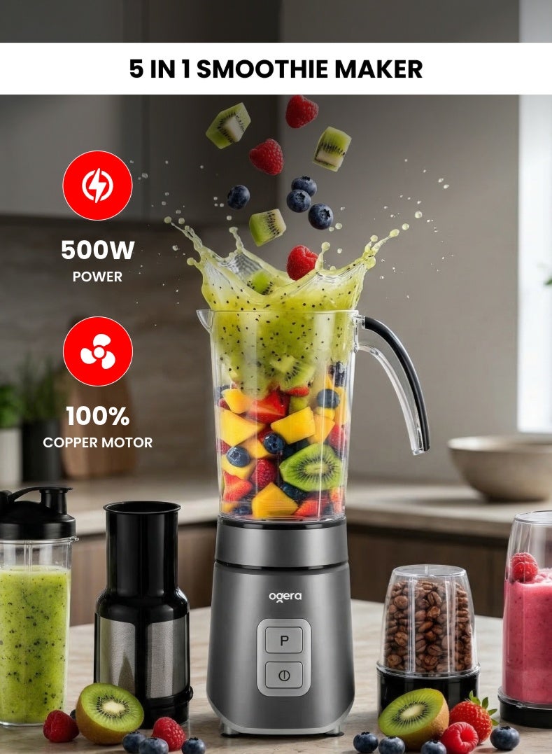 أوجيرا صانعة سموذي 5 في 1 500 واط | خلاط شخصي مع عدة أوعية وملحقات | محرك نحاسي 100% | وظيفة النبض (Pulse) | خلاط مع مطحنة وعصارة | OG151SB | ضمان لمدة سنتين - Image 1