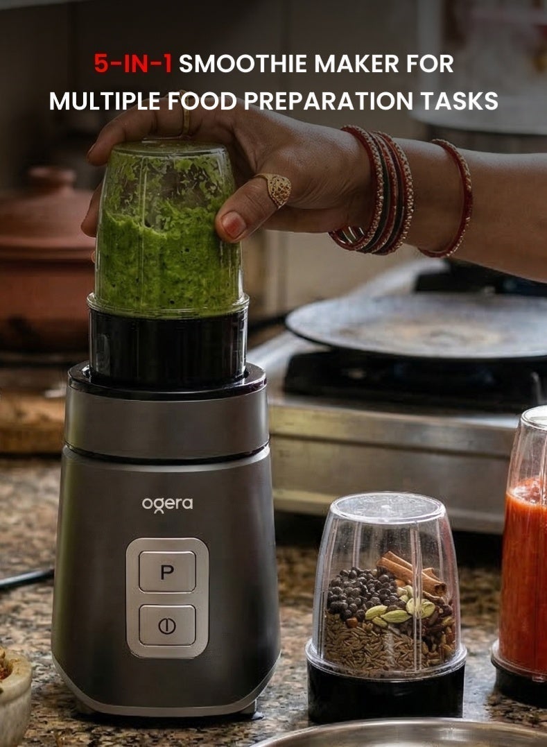 Ogera 5‑in‑1 Smoothie Maker 500W | Personal Blender with Multiple Jars & Attachments | 100% Copper Motor | Pulse Function | Grinder & Juicer Blender | OG151SB | 2 Year Warranty - Image 3