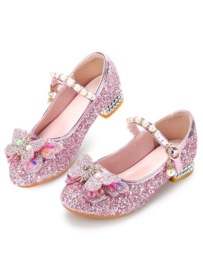 QIMAOO Toddler Girls Dress Shoes Mary Jane Shoes for Girls Princess Shoes Low Heels Toddler Glitter Shoes for Wedding Party - 5 Toddler(01-Pink) - Image 1