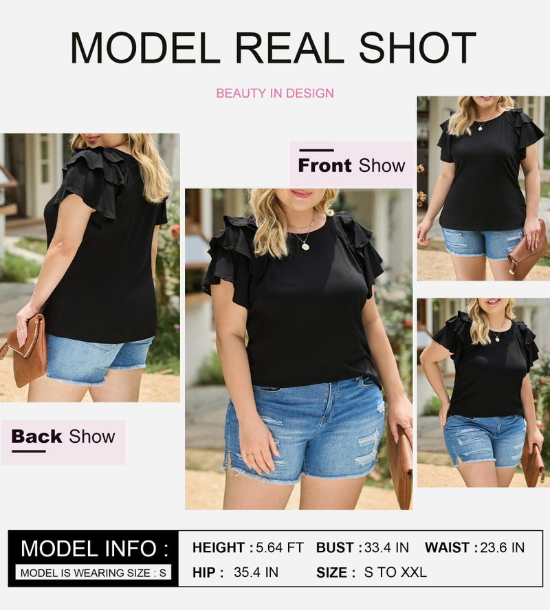Shein SHEWIN Womens Summer Tops 2025 Ruffle Short Sleeve Shirts for Women Casual Slim Fit Black M - Image 4