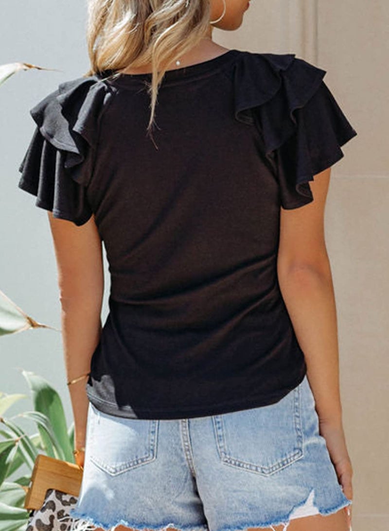 Shein SHEWIN Womens Summer Tops 2025 Ruffle Short Sleeve Shirts for Women Casual Slim Fit Black M - Image 3