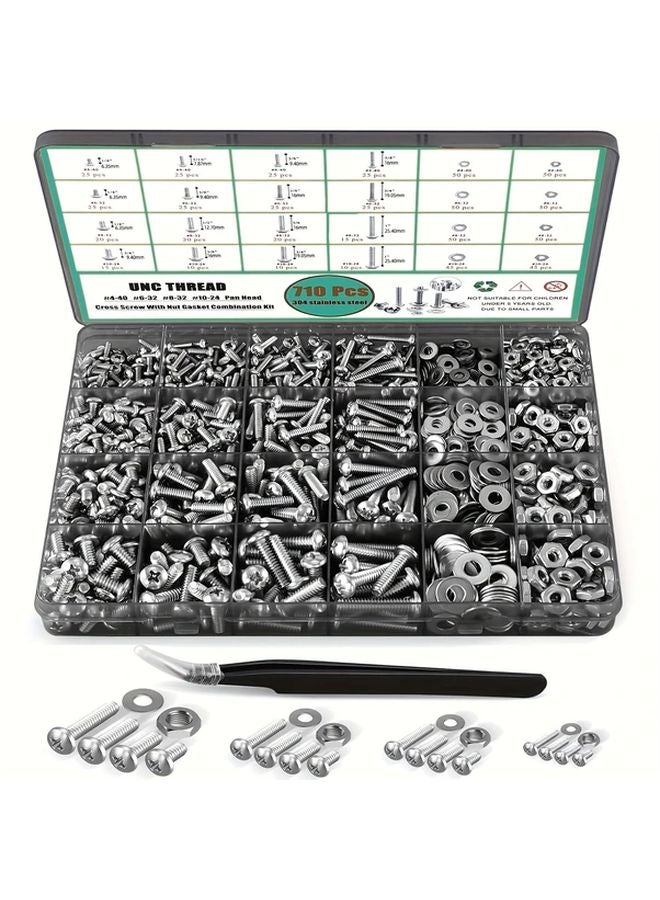 710 Pcs Stainless Steel Nuts Bolts Kit 4 40 6 32 8 32 10 24 Sizes With Storage Case - Image 2