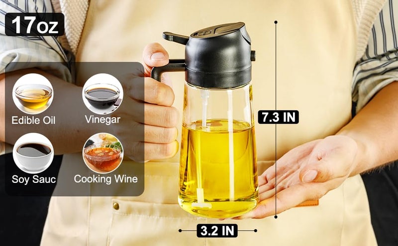 YESIKOM 500ml 2 in 1 Olive Oil Sprayer and Oil Dispenser Bottle for Kitchen Glass Oil Bottle with Premium Nozzle Oil Sprayer for Air Fryer SaladBBQRoasting Multi Color Pack of 1 - Image 2