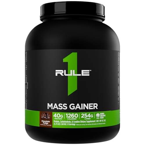 Rule 1 Proteins رول وان بروتينز ماس غاينر شوكولاتة فادج تركيبة عالية السعرات الحرارية لزيادة الوزن مع 1220 سعرة حرارية 250 جرام مزيج كربوهيدرات معقد 40 جرام بروتين واي 8 جرام دهون لكل حصة 6 أرطال 8 حصص - Image 1