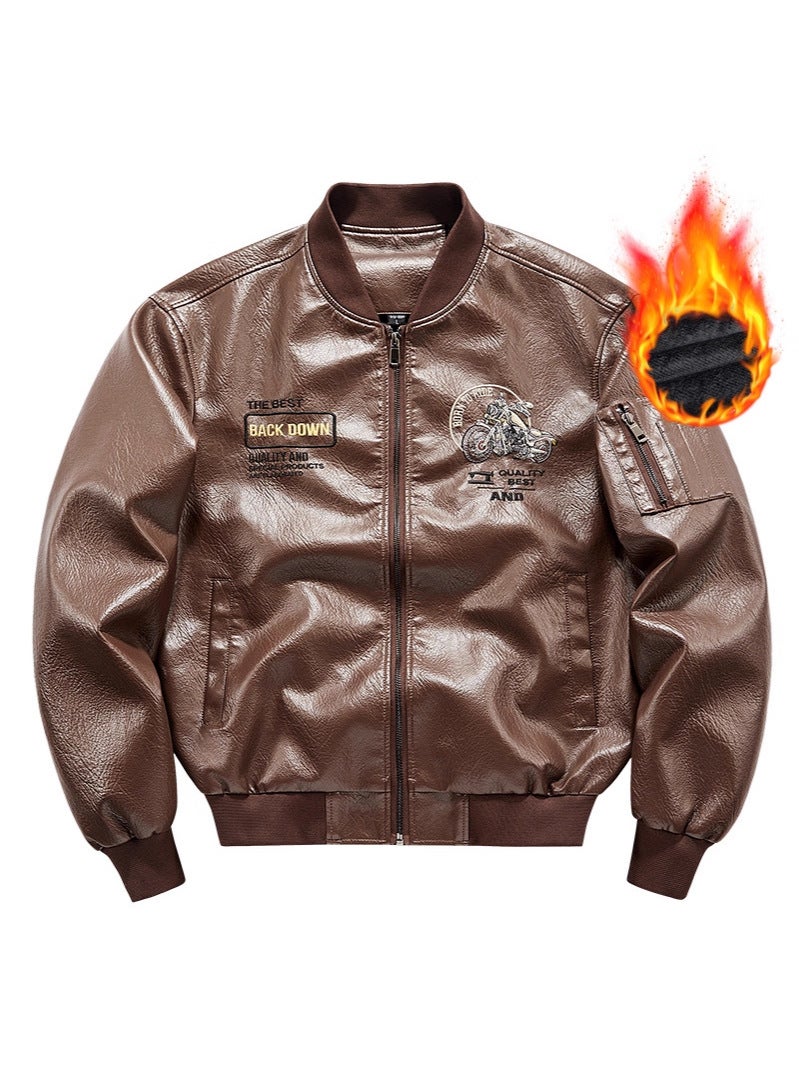 Leather Jacket, Large Size, American-Style Motorcycle Embroidered Stand-Collar Jacket, Men'S Trendy Brand Leather Jacket, Fleece-Lined, Export Lapel Jacket - Image 3