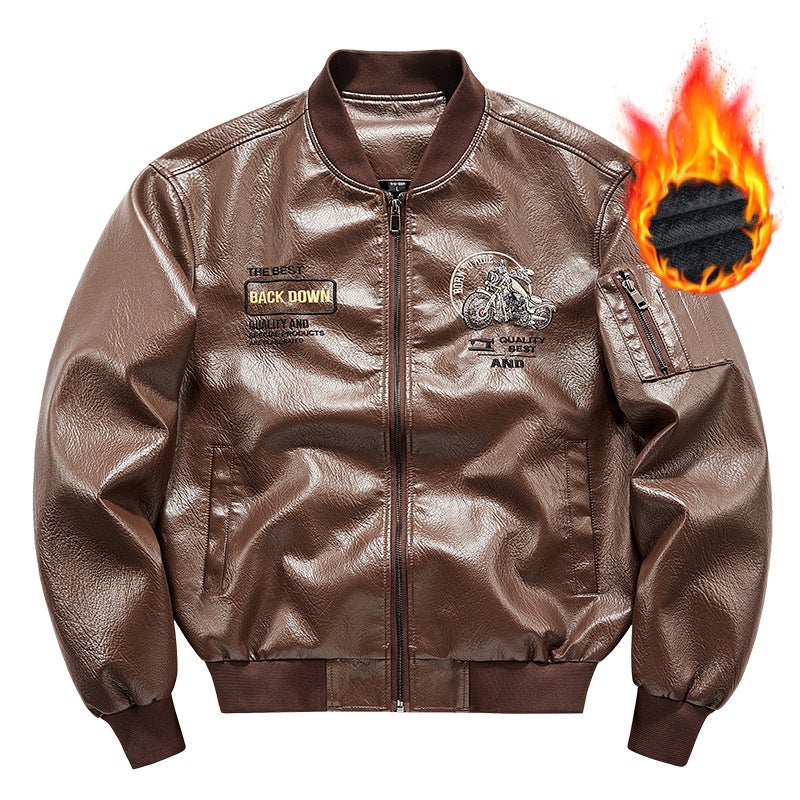 Leather Jacket, Large Size, American-Style Motorcycle Embroidered Stand-Collar Jacket, Men'S Trendy Brand Leather Jacket, Fleece-Lined, Export Lapel Jacket - Image 1