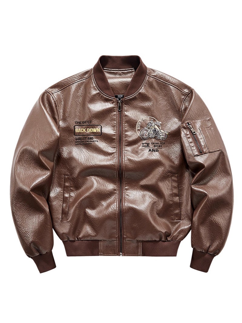 Leather Jacket, Large Size, American-Style Motorcycle Embroidered Stand-Collar Jacket, Men'S Trendy Brand Leather Jacket, Fleece-Lined, Export Lapel Jacket - Image 5