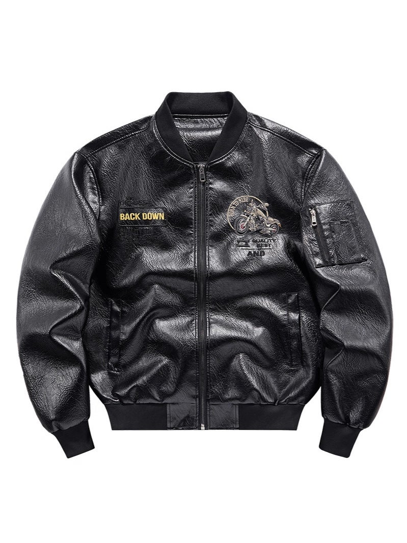 Leather Jacket, Large Size, American-Style Motorcycle Embroidered Stand-Collar Jacket, Men'S Trendy Brand Leather Jacket, Fleece-Lined, Export Lapel Jacket - Image 4