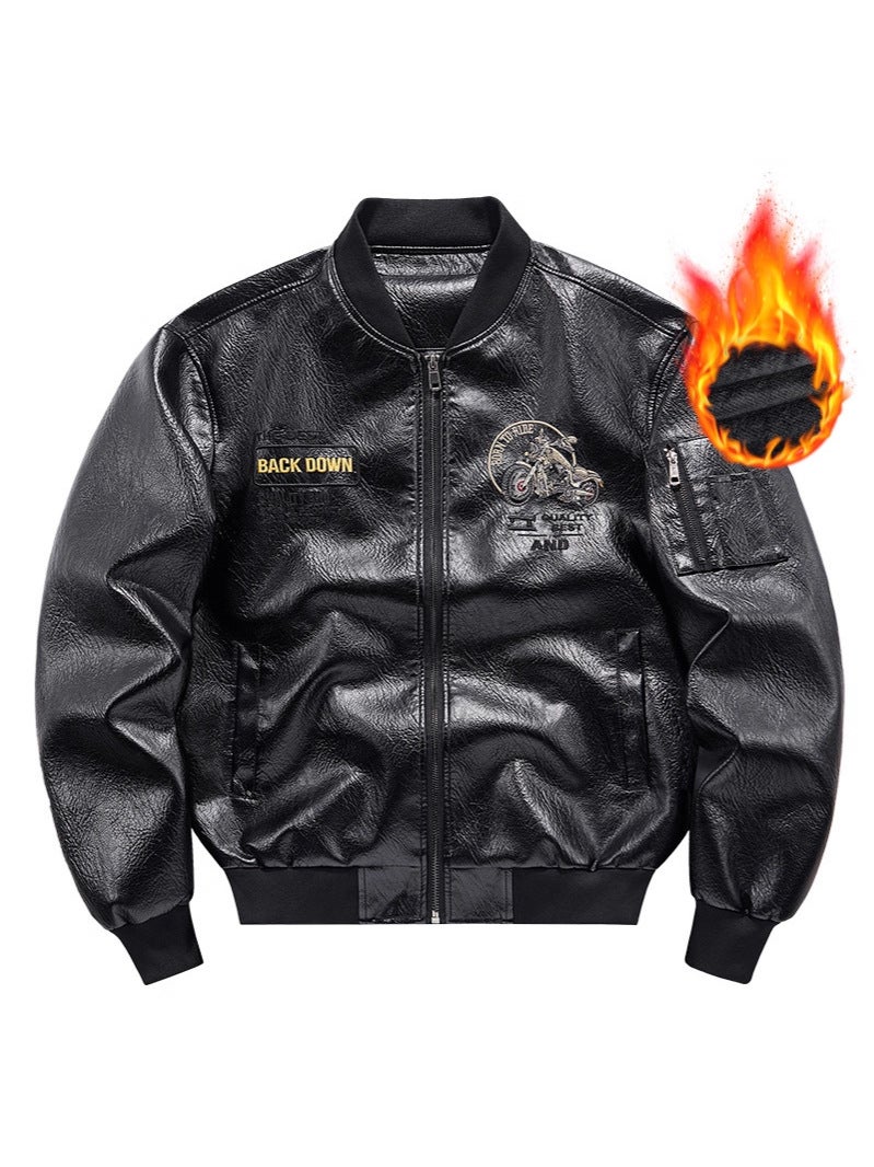 Leather Jacket, Large Size, American-Style Motorcycle Embroidered Stand-Collar Jacket, Men'S Trendy Brand Leather Jacket, Fleece-Lined, Export Lapel Jacket - Image 2