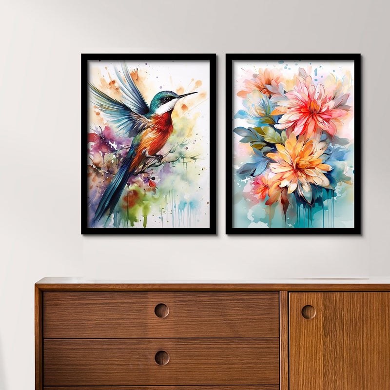 ARTELLY Flower Bird Wall Art Paintings For Living Room Bedroom Paintings For Wall Decoration Floral Decorative Poster Frames For Bedroom Home Decor items Set of 2 Medium Modern Art 7