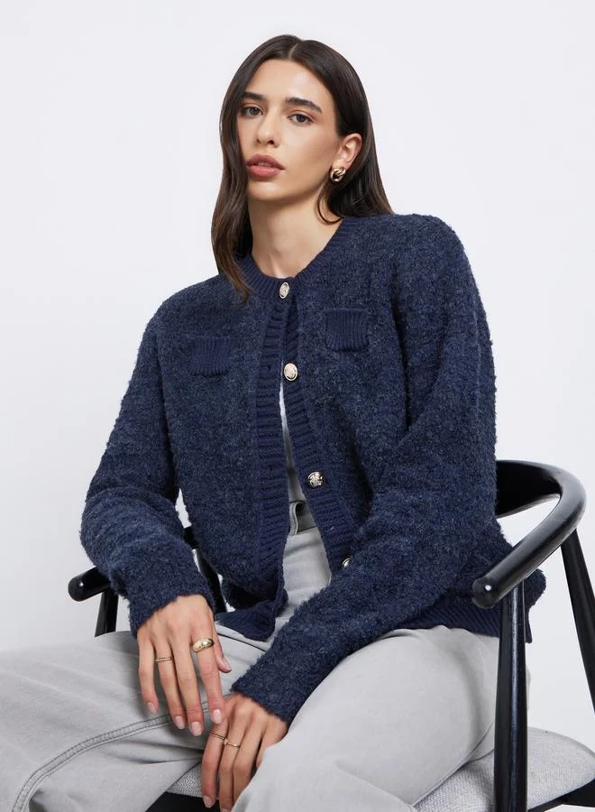 Styli Navy Blue Regular Fit Mixed Yarn Cardigan