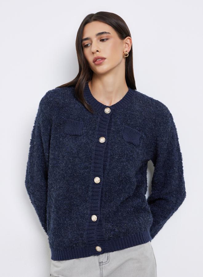 Styli Navy Blue Regular Fit Mixed Yarn Cardigan - Image 3