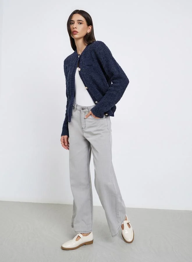 Styli Styli Navy Blue Regular Fit Mixed Yarn Cardigan