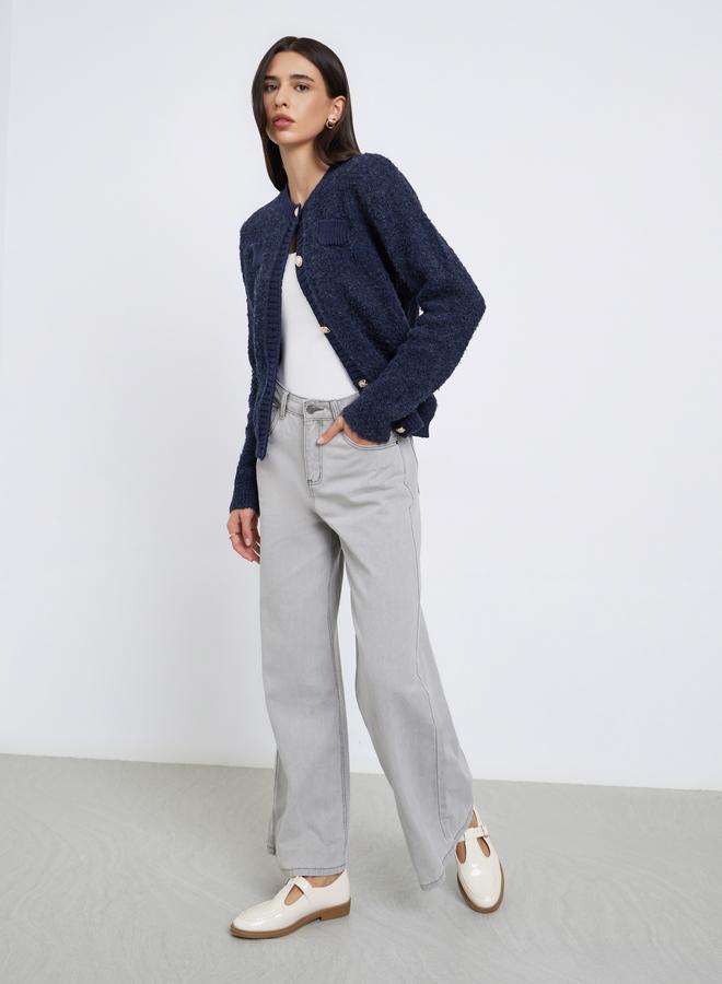 Styli Navy Blue Regular Fit Mixed Yarn Cardigan - Image 2