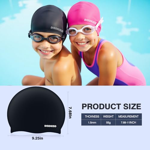 Dizokizo 2pcs Silicone Swim Cap for Kids 6-14, High Elasticity Comfortable Non-Slip Swimming Cap for Girls & Boys, Waterproof Swim Hats for Long and Short Hair, Keep Hair Dry (Rose red & Black) - Image 5