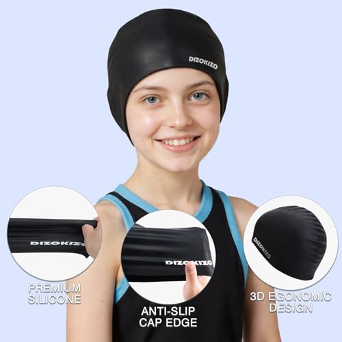 Dizokizo 2pcs Silicone Swim Cap for Kids 6-14, High Elasticity Comfortable Non-Slip Swimming Cap for Girls & Boys, Waterproof Swim Hats for Long and Short Hair, Keep Hair Dry (Rose red & Black) - Image 4