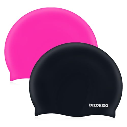 Dizokizo 2pcs Silicone Swim Cap for Kids 6-14, High Elasticity Comfortable Non-Slip Swimming Cap for Girls & Boys, Waterproof Swim Hats for Long and Short Hair, Keep Hair Dry (Rose red & Black) - Image 1